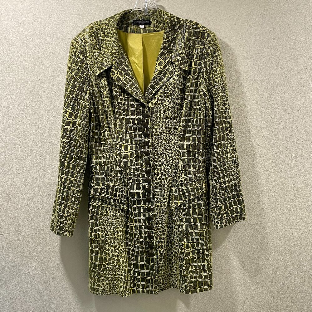 LAUREN TAYLOR Long Sleeve Chartreuse/Black Alligator Print Long Blazer Women 14